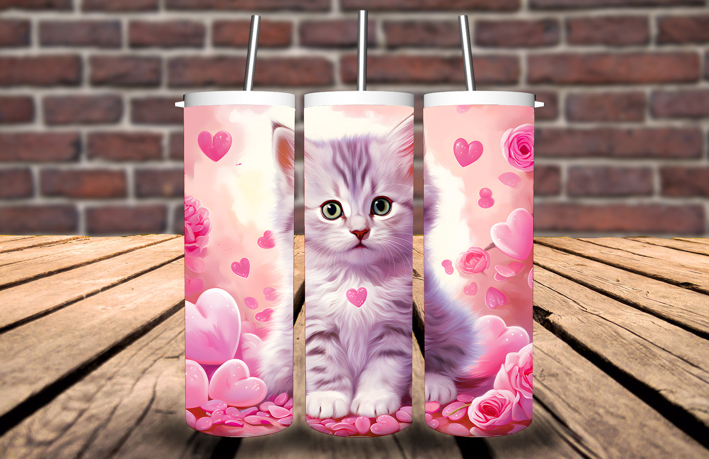 20oz Tumbler Kitten cat Valentines day Love Hearts