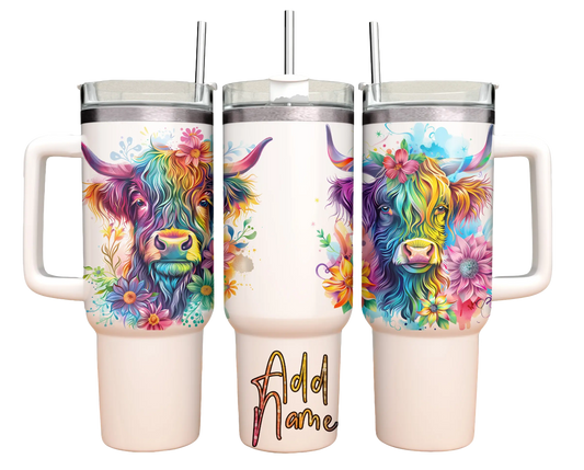 40oz Tumbler - Rainbow Highland Cow-Add Name