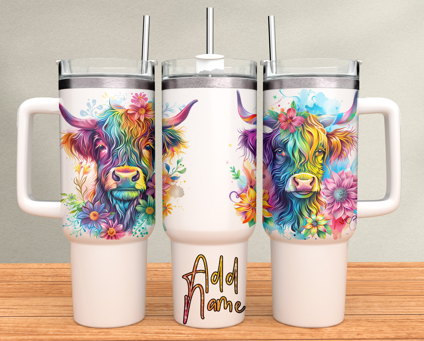 40oz Tumbler - Rainbow Highland Cow-Add Name